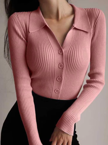 Lina™ - Pullover mit Knopfkragen und V-Ausschnitt